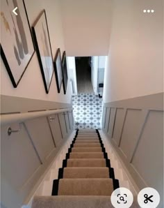 the stairs are lined with carpet and framed pictures on the wall next to each other