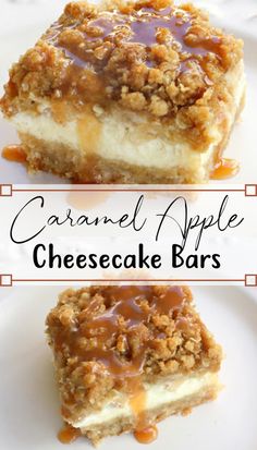 caramel apple cheesecake bars on a white plate with text overlay that reads caramel apple cheesecake bars