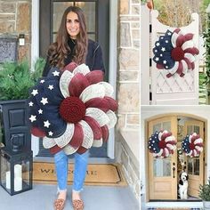 a woman standing in front of a door holding an american flag pinwheel wreath and another photo of the same person wearing flip flops