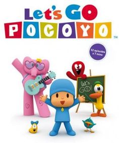 let's go pocoyoo book cover with cartoon characters holding up a chalkboard