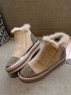 Rhinestone Split Joint Warm Fur Lined Slip On Ankle Boots, Black / US 9 Women Winter Wear, Lazy Fashion, Woman Boots, Shoe For Women, Outer Women, Women's Casual Shoes, Fur Shoes, Orange Shoes, Winter Ankle Boots