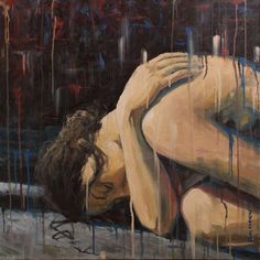 a painting of a woman laying down on the ground with her head in her hands