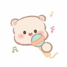 a teddy bear holding a baby rattler with musical notes around it