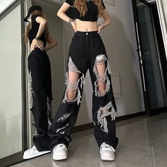 Black Ripped Jeans Black Jeans For Women, Ripped Jeans Women, Faux Leather Motorcycle Jacket, Black Ripped Jeans, Loose Trousers, Girls High, Denim Details, Casual Coat, T Shirt And Shorts