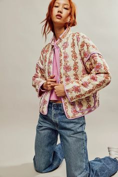 Chloe Jacket | Free People Sweaters And Hoodies, Floral Filigree, Cropped Puffer Jacket, Quilted Puffer Jacket, Mini Robes, Floral Jacket, Back To School Shopping, Cotton Coat, Quilted Coat