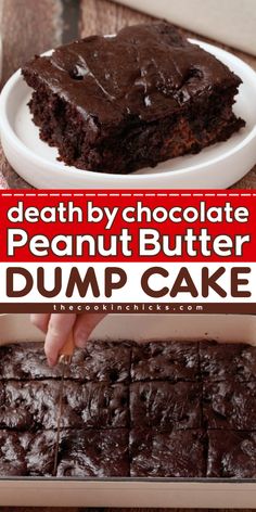 Satisfy your sweet tooth cravings with this Death By Chocolate Peanut Butter Dump Cake! It's a combination of rich chocolate, nutty peanut butter, and more. This dump cake recipe is easy to make and a perfect sweet treat to make at home. It's a delicious twist on dump cake using boxed cake mix and pudding mix. This dessert is oozing with chocolate and peanut butter goodness that you can't resist! Easy Dump Cake Recipe Chocolate, Dump Bars Recipe, Chocolate Cake Mix Dump Cake, Peanut Butter Dump Cake Recipes, Simple Dump Cake, Chocolate Peanut Butter Desserts Easy, Devils Food Cake Mix Recipe Ideas, Chocolate Cake Mix Recipes Boxes Ideas, Brownie Dump Cake