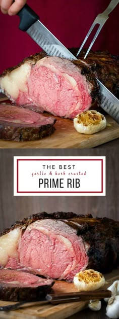 the best prime rib roast ever is cut up and ready to be served in the oven