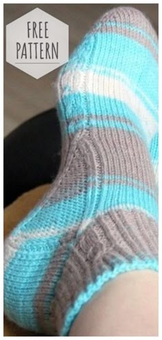 a person with their feet up wearing socks that have stripes on them and the words free pattern below it