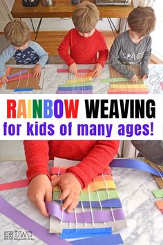 three children sitting at a table with rainbow weaving for kids of many ages on it