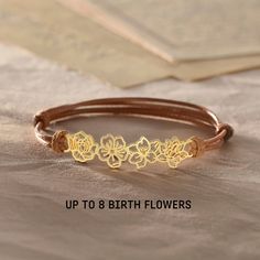 ♥ Birth Flower Leather Bracelet ♥  This leather bracelet is a delicate and feminine design for the woman you love. The combination of cut and shaped birth flowers on the bracelet creates an elegant and modern necklace for anyone who wears it. P R O D U C T ∙ I N F O * Material: Solid 925 Sterling Silver  * Finishing: Silver - Yellow Gold - Rose Gold  * Up to 7 birth flowers * All of our jewelry is handmade from scratch and packaged with care in our workshop. H O W * T O * O R D E R 1. Select you Adjustable Gold Leather Bracelet Gift, Anniversary Bracelets With Flower Charm, Adjustable Birth Flower Bracelet For Birthday, Adjustable Flower Bracelets For Birthday Gift, Adjustable Rose Gold Bracelet For Birthday, Adjustable Flower Bracelets For Mother's Day, Birthday Bracelet With Flower Charm, Adjustable Flower Charm Bracelet For Birthday, Adjustable Rose Gold Bracelet With Flower Charm