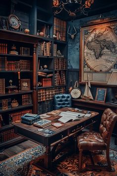 an old world map hangs in the corner of a room filled with books and leather chairs