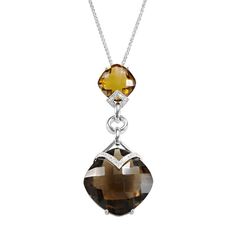 Featuring cushion-cut genuine smoky quartz and cognac quartz stones accentuated with cubic zirconia stones, this necklace provides bold beauty.PENDANT DETAILS Pendant length: 2.5 in. Chain length: 18 in. Chain type: wheat Clasp: spring-ring Metal: sterling silver Plating: rhodium Finish: polished Packaging: boxed STONE DETAILS Stone type: smoky quartz, cognac quartz Total weight: 45 ct. Shape: cushion cut Setting: prong  CUBIC ZIRCONIA DETAILS Total weight: 1/3 ct. Shape: round Setting: prong Ge Elegant Brown Necklace With Stones, Elegant Brown Sterling Silver Necklace, Luxury Cushion Cut Gemstone Necklace, Elegant Brown Necklace With Polished Finish, Luxury Brown Jewelry With Diamond Accents, Elegant Brown Jewelry With Stones, Elegant Brown Pendant Jewelry, Elegant Brown Jewelry With Polished Finish, Elegant Brown Polished Jewelry