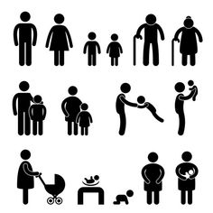 black and white silhouettes of people with baby in stroller, mother holding child's hand