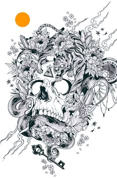 a black and white drawing of a skull with flowers