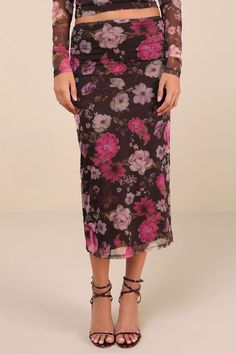 Chic yet sleek, there's nothing better than the Lulus Unforgettably Sweet Brown Floral Print Mesh High-Rise Midi Skirt! Stretchy mesh knit, with a cute floral print throughout, shapes this flattering skirt with a high-rise fit and a figure-skimming bodycon silhouette. Chic midi hem boasts a classic kick pleat at the back. Hidden back zipper/clasp. Pair with the matching top for a complete look! Fit: This garment fits true to size. Length: Mid-calf length. Size medium measures 32" from waist to h Floral Print Pencil Skirt For Party, Party Pencil Skirt With Floral Print, Party Floral Print Pencil Skirt, Midi Skirt Floral, Floral Wrap Skirt, Brown Floral Print, Floral Pencil Skirt, Kick Pleat, Skirt Floral