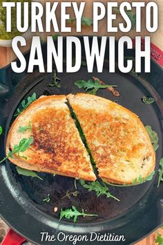 turkey pesto sandwich on a pan with the title overlaying it's image