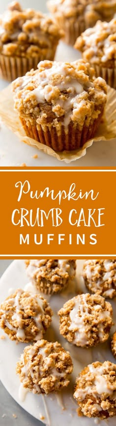 pumpkin crumb cake muffins on a white plate with the title overlay