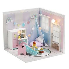 a doll house with furniture and accessories including a tent, bed, desk, dresser and toy horse