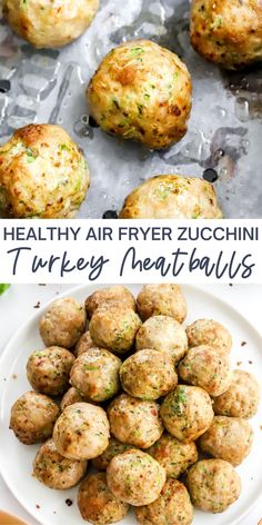 healthy air fryer zucchini turkey meatballs on a white plate with text overlay