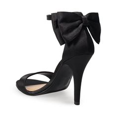 Black High Heels With Bow, Spring Open Toe Sandals With Satin Bow, Fitted Heels With Satin Bow And Ankle Strap, Fitted Ankle Strap Heels With Bow, Evening Heels With Bow And Open Heel, High Heel Sandals With Satin Bow For Events, Summer Open Toe Heels With Satin Bow, Synthetic Ankle Strap Heels With Bow, Heels With Bows On Back