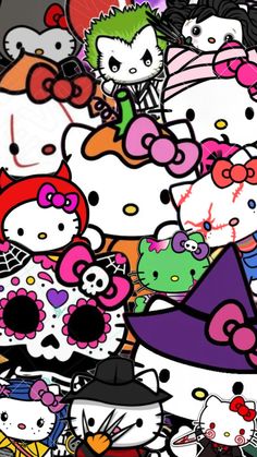 an image of many hello kitty characters in different colors and sizes, all with hats on their heads