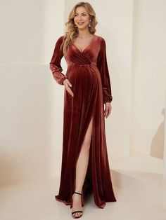 Long Sleeve Velvet V-Neck Front Slit Floor-Length Bump Friendly Dress belk dresses, sumer dresses, sping dresses #dresses2016 #dresseslover #dresseson, dried orange slices, yule decorations, scandinavian christmas Bump Friendly Dress, Velvet Formal Dress, Ever Pretty, Affordable Dresses, Shower Dresses, Graduation Outfit, Scandinavian Christmas, Maternity Dress, Dress Plus Size