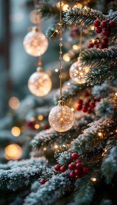 christmas ornaments hanging from the branches of a tree