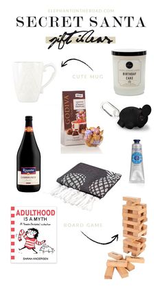 the contents of a christmas gift guide including wine, chocolates and other holiday gifts