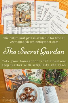 the secret garden book is open and on top of a wooden table with books, plants and