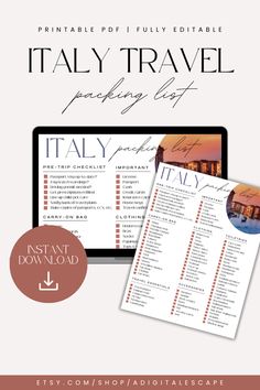 the italy travel brochure is displayed on a computer screen and next to it are two