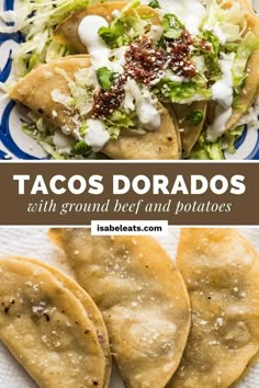 tacos with ground beef and potatoes is shown in this collage for the recipe