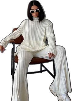 Knitted Flare Pants, Knitted Two Piece, Pajamas Winter, Loungewear Fashion, Women Pajamas, White Turtleneck, Fashion Guide, Crop Top Blouse, Luxury Style