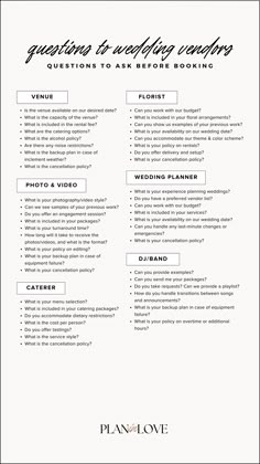 questions to ask your wedding vendors | event coordination | vendor selection | wedding day moments | wedding planning | wedding journey | wedding | plan in love Things You Need To Know When Planning A Wedding, Everything You Need To Know About Planning A Wedding, List Of Vendors Needed For Wedding, List Of Wedding Vendors, Vendors List For Wedding, Wedding Planning Sheets, When To Book Wedding Vendors, Wedding Vendors List, Questions To Ask Wedding Planner