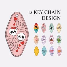 the key chain design features skulls, hearts and spider webs on pink background with text that reads 12 key chain designs