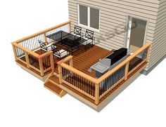 a 3d image of a deck with chairs and grill on the top floor, in front of a house