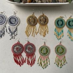 Beaded Artisan Earrings Huichol Earrings Beaded Earrings - Etsy Southwestern Handmade Earrings For Beach, Mexican Beaded Earrings, Traditional Multicolor Beaded Chandelier Earrings, Huichol Clothing, Huichol Necklace, Huichol Earrings, Mexican Earrings, Huichol Art, Hippie Earrings