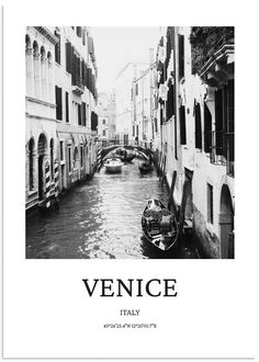 venice italy travel poster with gondola on the canal in black and white photo