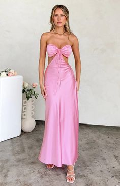 Lili Pink Satin Strapless Maxi Dress – Beginning Boutique US Feminine Party Maxi Dress For Prom Season, Feminine Maxi Dress For Prom Party, Feminine Maxi Dress For Prom Season Party, Feminine Floor-length Maxi Dress For Party, Elegant Bridesmaid Maxi Dress For Party Season, Feminine Strapless Maxi Dress For Bridesmaids, Feminine Backless Maxi Dress For Party, Feminine Backless Party Maxi Dress, Feminine Maxi Dress For Gala And Prom Season