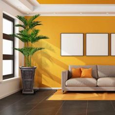 an empty living room with yellow walls and flooring