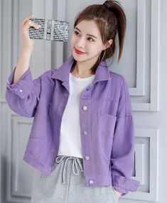 Lilac Denim Short Jacket | Choerry - Loona L Denim Short Jacket Outfit, Shirt Coat Outfit, Short Jacket Outfit, Oversized Hooded Jacket, Fashion Chingu, Cropped Blazer Jacket, Types Of Coats, Sequin Blazer, Coat Outfit