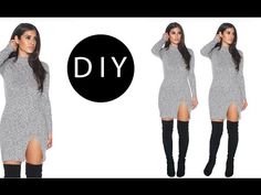 a woman in grey dress and thigh high boots with the words diy written on it