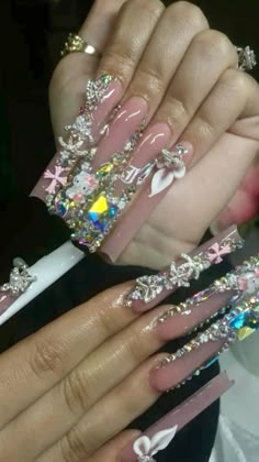 Nails Blinged Out, Long Extra Nails, Junk Nails Bling, Bedazzled Nails, Fye Nails, Junk Nails, Tapered Square Nails