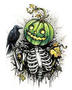 a drawing of a skeleton with a pumpkin and a crow sitting on top of it