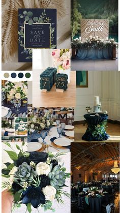 a collage of photos with flowers and greenery on them, including the table numbers