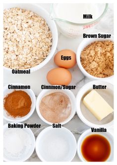 ingredients to make oatmeal cookies are shown in bowls