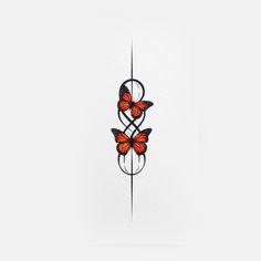 two red butterflies sitting on top of a metal object in front of a white wall