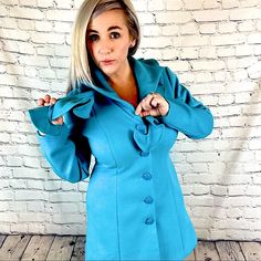 Nwt Rare Won’t Find Anywhere Else In This Color Stunning! Audrey Hepburn Would Have Killed For This Coat. Plus, It’s Almost The Perfect Tiffany Blue! Size Women’s 8 Several Photos Showing Removable Cascading Ruffle Trim Off & On With Hidden Hooks If You Want To Wear Plain! Lined Measurements Taken Laying Flat & Approximate. Length 33” Pit To Pit: 22” (Coat Buttoned) Smoke Pet Free Home Bundle & Save 15% Off! Tiffany & Co Modcloth Anthropologie Neiman Marcus, Unique, Boho, Millennials, Gen Z, Sustainable And Stylish, English Country House, Neo-Preppy Rodarte, Dark Academia, Light Academia, Talented Mr. Ripley, Great Gatsby, Polished Socialite, Morgane Le Caer, Pr Spring Fitted Pea Coat With Notch Lapel, Fitted Long Pea Coat For Spring, Blue Fitted Long Coat, Chic Blue Double-breasted Pea Coat, Tailored Blue Pea Coat With Long Sleeves, Blue Tailored Long Sleeve Pea Coat, Blue Pea Coat With Buttons For Spring, Blue Spring Pea Coat With Buttons, Chic Blue Pea Coat With Buttons