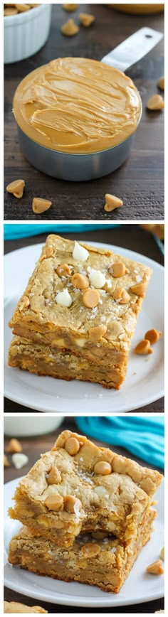 peanut butter bars are stacked on top of each other and ready to be baked in the oven