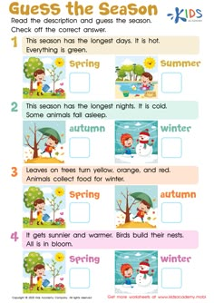 an activity sheet for kids to learn how to read the seasons and winter words in english