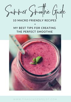 a smoothie in a mason jar with strawberries on the side and text overlay reading 9 irresistiblely greek yogurt smoothie recipes